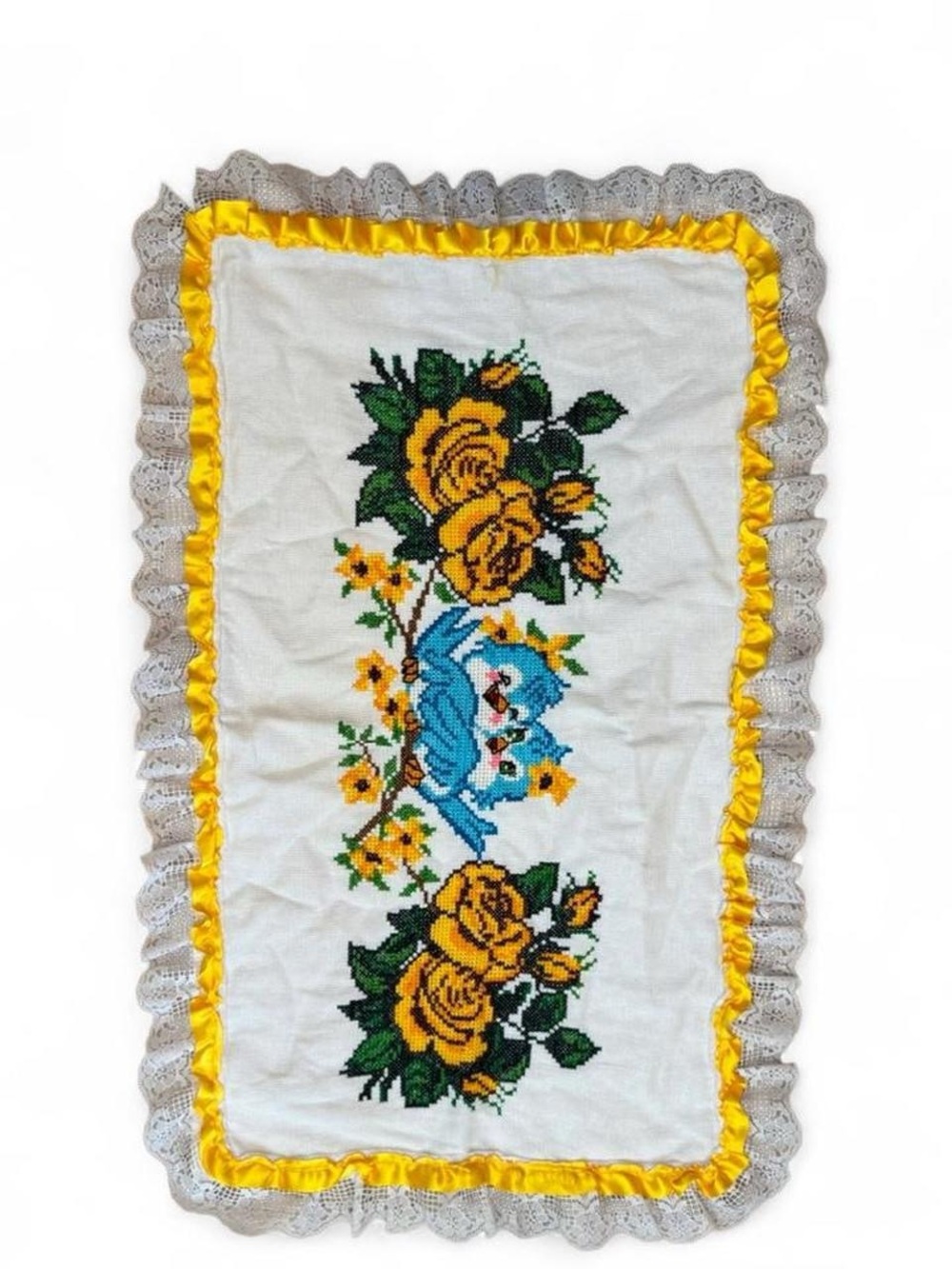 Embroidered Yellow Rose & Blue Bird Runner